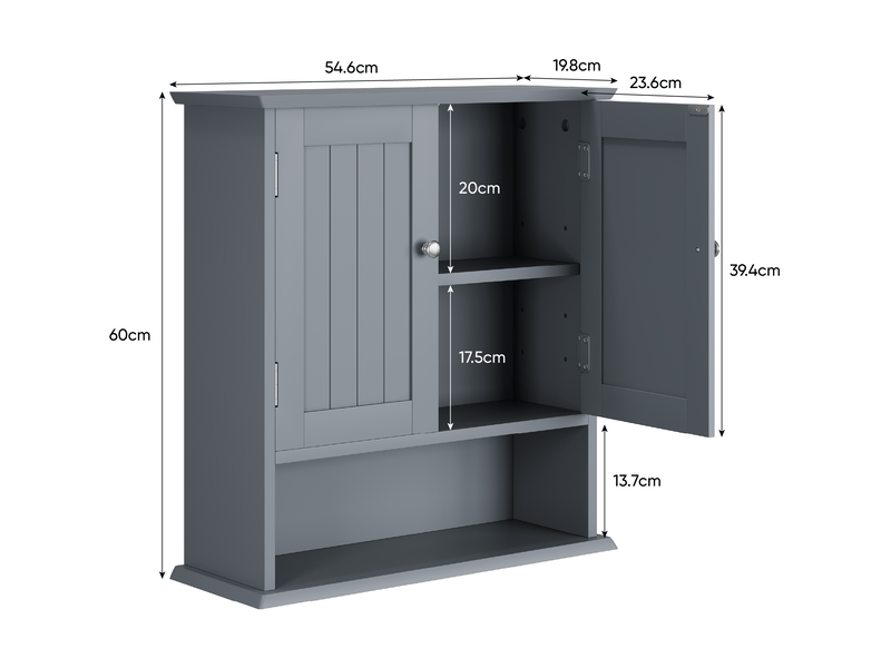 Armoire de salle de bains murale 54,6 x 19,8 x 60 cm avec 2 portes et étagère ouverte, mdf gris clair - Conforama C