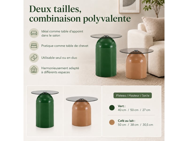  Lot de 2 tables basses gigognes, plateau en verre trempé gris et base en acier au carbone brillant, design rétro en forme de cloche.  - Conforama D