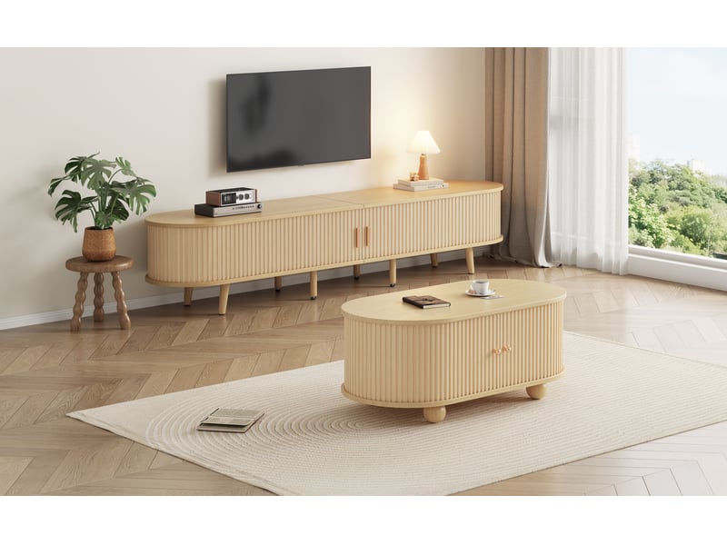 Ensemble meuble tv et table basse en mdf effet noyer clair, rangements intégrés, plateaux ovales et pieds en bois massif  - Conforama W