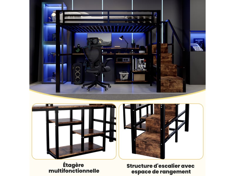  Lit mezzanine 2 personnes 140x200cm avec escalier rangement, prises usbtype-c, étagère et led, métal noir evarich - Conforama D