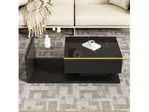 Table basse led 100x50x32,5 cm, rangement intégré, verre trempé, 16 couleurs dimmable, panneau particules, noir