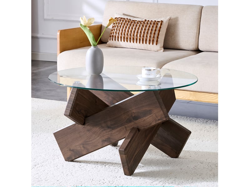 Table basse ulevr ronde 79 cm avec plateau en verre de 0,8 cm, structure croisée, mdf finition noyer, hauteur 45 cm, transparent et noyer - Conforama E
