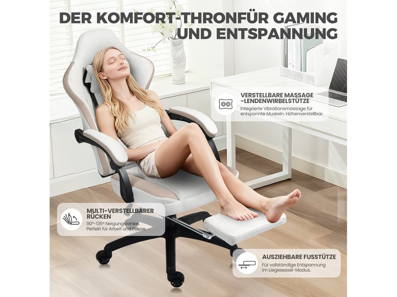  Fauteuil gaming ergonomique – fonction massage – repose-pieds – tissu beige – charge maximale 160 kg  - Conforama E