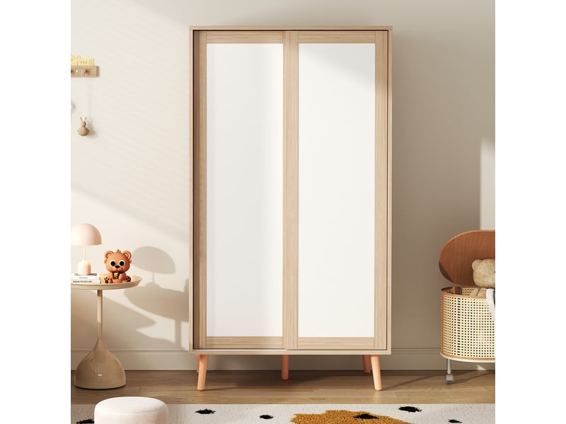  Armoire à portes coulissantes enfant 80 x 46 x 141,5 cm blanc bois naturel deux penderies pieds massif  - Conforama D