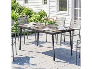 Table de jardin rectangulaire pour 6 personnes avec plateau effet bois en acier et pspc 145x85x72 cm gris