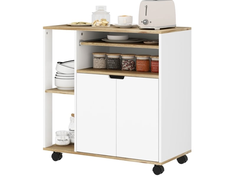  Desserte de cuisine 80x40x82 cm, avec armoire, 2 portes, étagères réglables, sur roulettes, meubles de cuisine, bois  - Conforama A