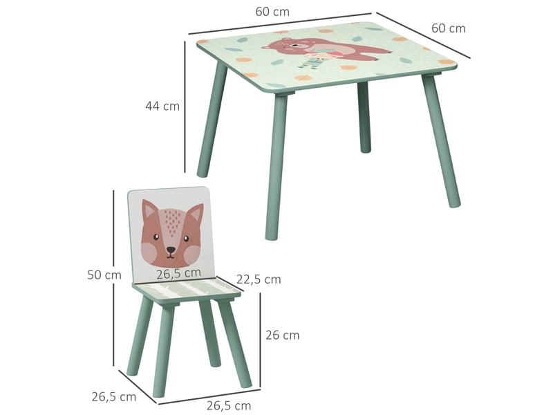  Ensemble de salon pour enfants de 3 à 8 ans, comprenant une table et deux chaises, avec un joli motif d'animaux, de couleur verte.  - Conforama D