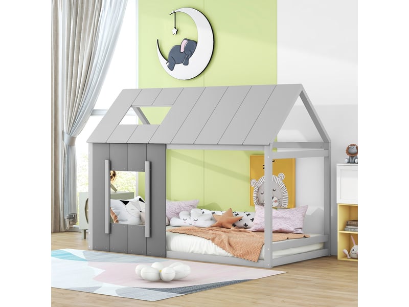  Lit enfant 90 x 200 cm, gris, design maison avec toit et fenêtre, cadre en pin et mdf  - Conforama E