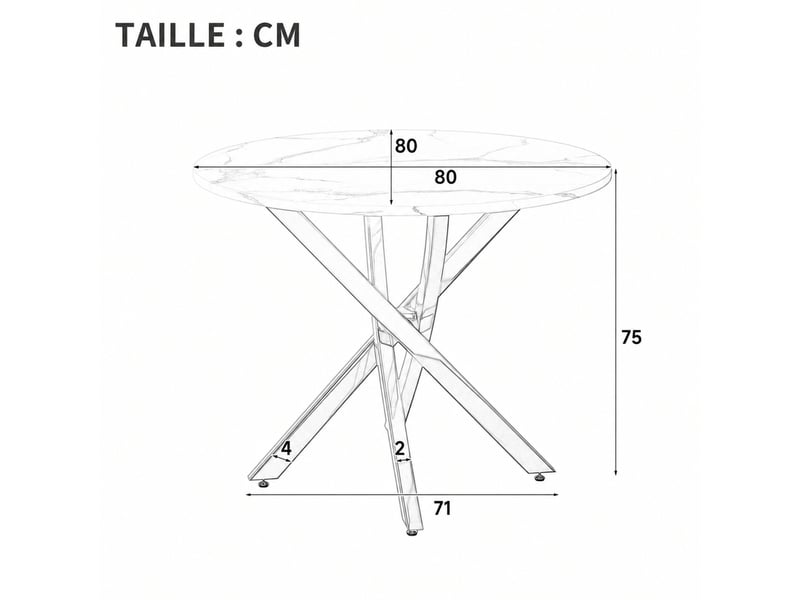  Table de salle à manger ronde 80 cm – plateau effet marbre mdf et pieds métal dorés – blanc et doré  - Conforama D