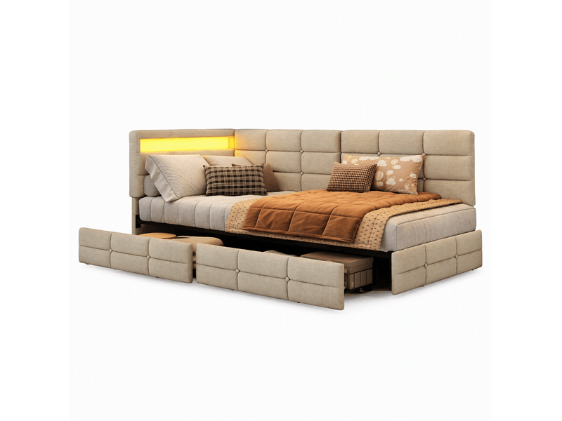  Lit jeune 90x200 avec rangement, lit simple pour adolescent avec led et usb lit banquette avec 2 tiroirs et tête de lit rembourrée beige lin, sans matelas  - Conforama A