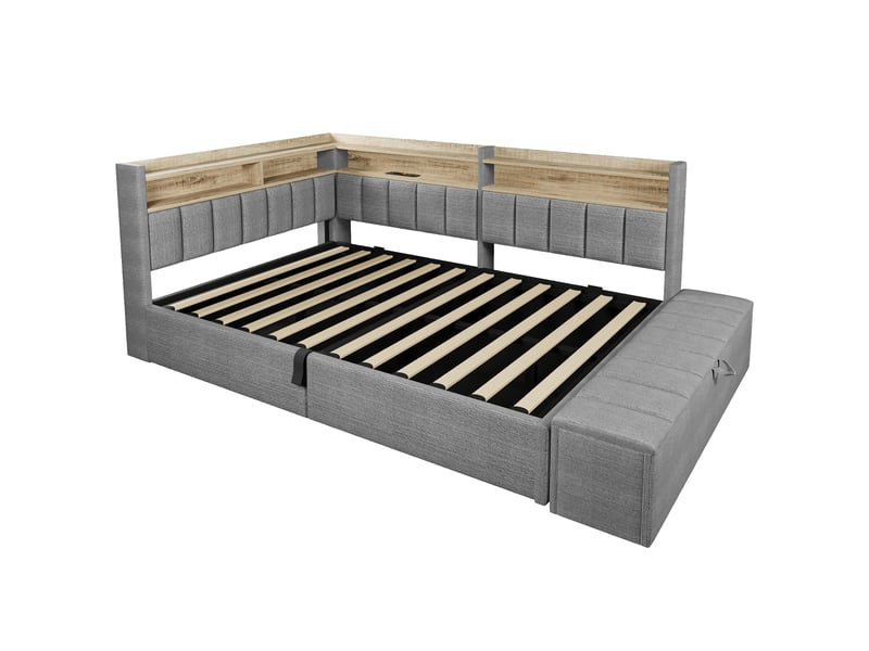 Lit coffre 140 x 200 cm avec rangement hydraulique, led et usb-atype-c, lit rembourré en velours gris avec banc coffre mobile et rangements - Conforama A