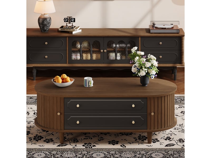  Table basse de salon couleur noyer et noir avec deux tiroirs, 100x50x36 cm, style rétro  - Conforama W