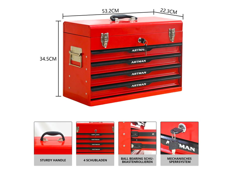  Boîte à outils 20 pouces en acier rouge et noir avec tiroirs, rangement pratique pour atelier et garage  - Conforama C