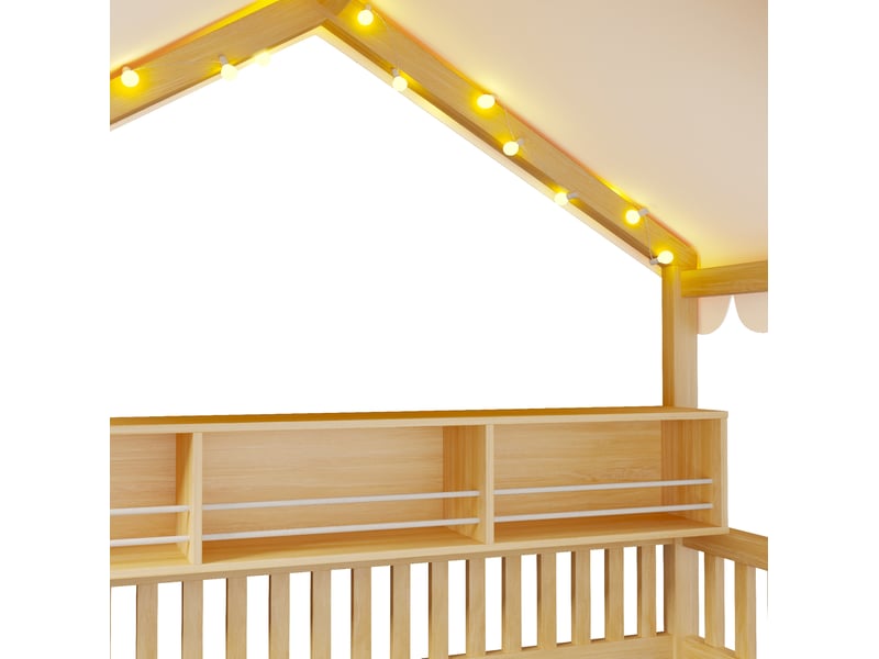  Lit cabane enfant 90 × 200 cm 1 place avec éclairage led, étagère et barrières, sans matelas, en bois, naturel  - Conforama E
