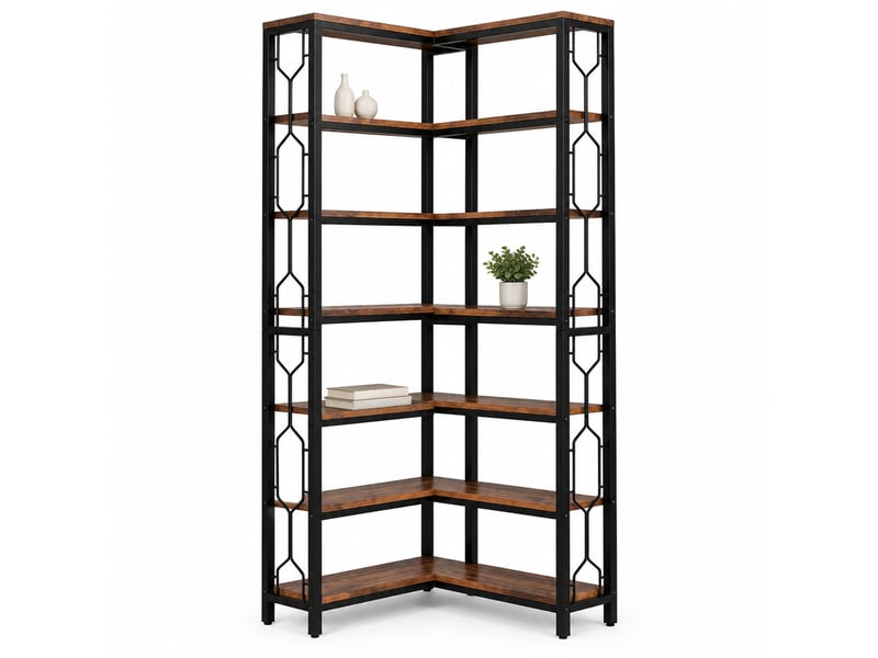  Bibliothèque d'angle 200 cm noire et marron en bois d'ingénierie, 7 niveaux pour rangement et exposition  - Conforama A