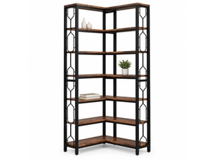 Bibliothèque d'angle 200 cm noire et marron en bois d'ingénierie, 7 niveaux pour rangement et exposition