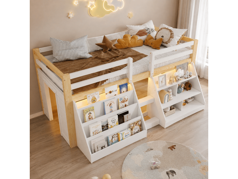  Lit enfant mi-hauteur 90 x 200 cm avec étagères, led intégrée, barrière de sécurité et échelle, pin, blanc et naturel Bliss Lite - Conforama E