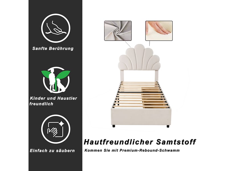  Lit enfant 90x200 cm, tiroirs, espace de rangement, tête de lit réglable, sommier, velours beige, sans matelas  - Conforama D