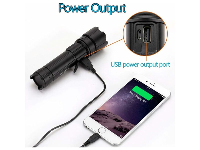 H38 lampe de poche led tactique ultra puissante élevés super lumineuse zoomable rechargeable étanche 5 mode avec puissance de sortie, batterie lithium - Conforama D