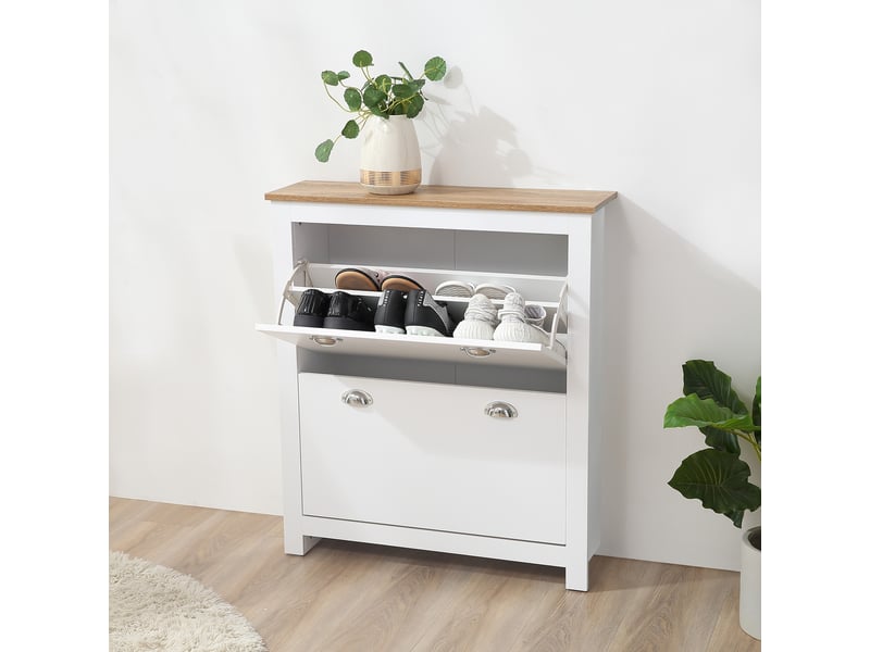  Meuble à chaussures à 2 tiroirs pour 12 paires de chaussures, avec portes à charnières et étagère réglable, 79 x 23 x 90,5 cm, blanc  - Conforama C