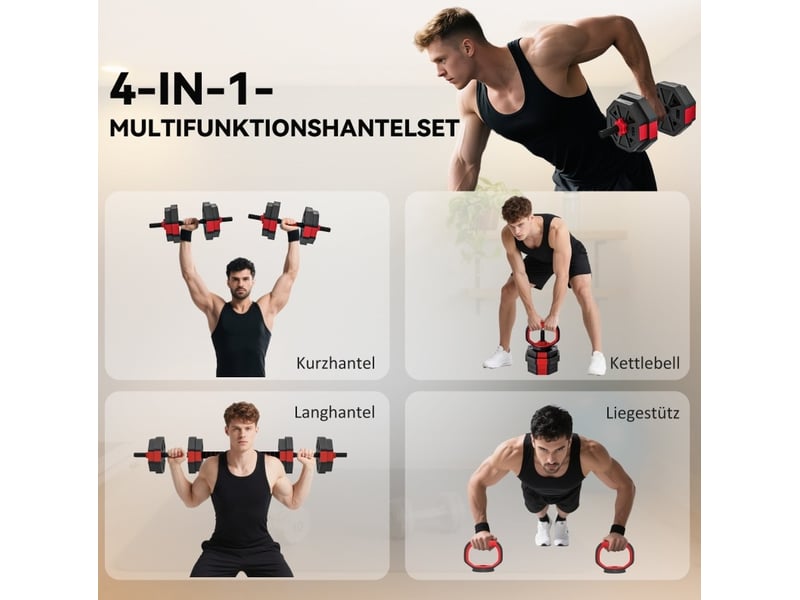 Haltères réglables 15 kg 100x18x18 cm – rouge – set 4-en-1 barre longue, kettlebell et poignées de pompe - Conforama E
