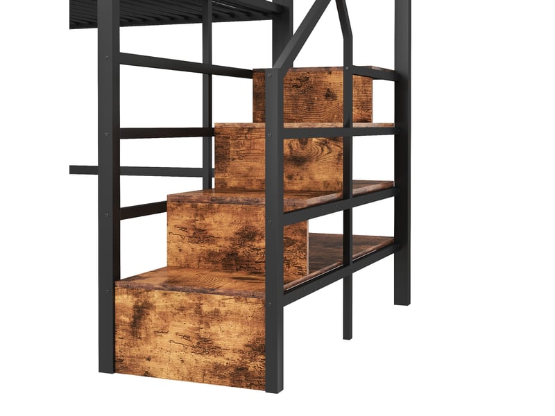  Lit mezzanine avec escalier de rangement et éclairage led, métal et mdf, couchage 140 x 200 cm, noir  - Conforama W
