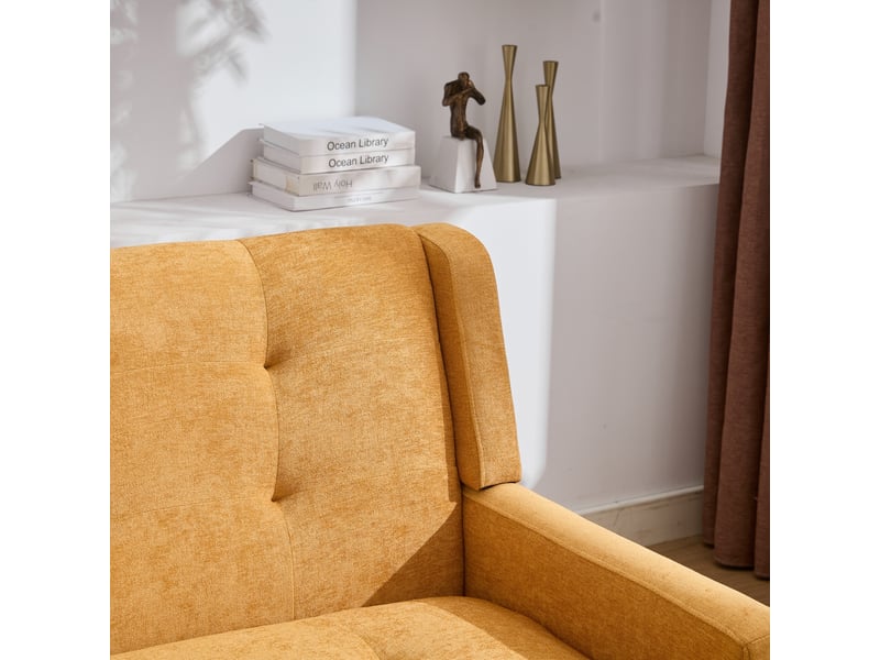  Banquette 2 places jaune en lin premium, pieds bois massif antidérapants, mousse haute densité, capitonnée, salonchambrebureau  - Conforama E