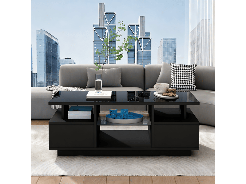  Table basse noire avec éclairage led, 2 tiroirs et étagères en verre, 100 x 50 x 36 cm  - Conforama E