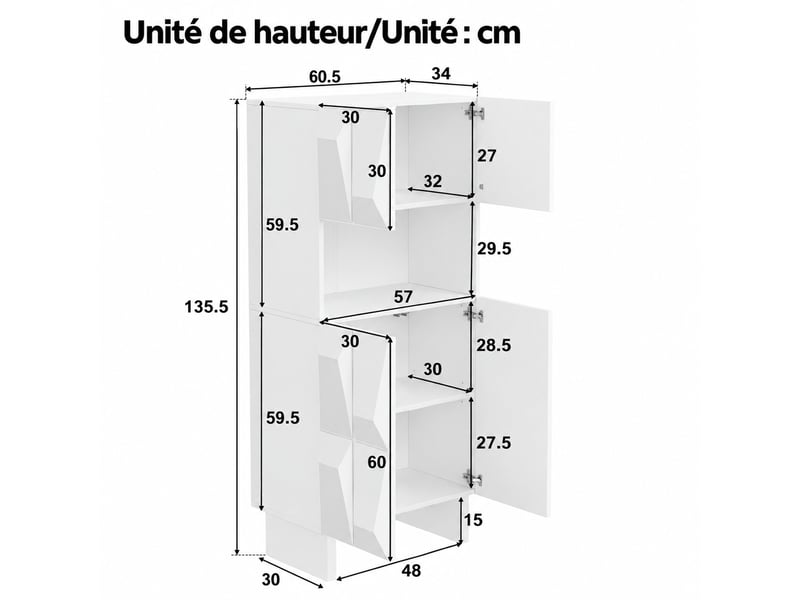  Meuble vitrine blanc à portes en relief, 4 portes et niche ouverte, l. 60,5 cm  - Conforama C