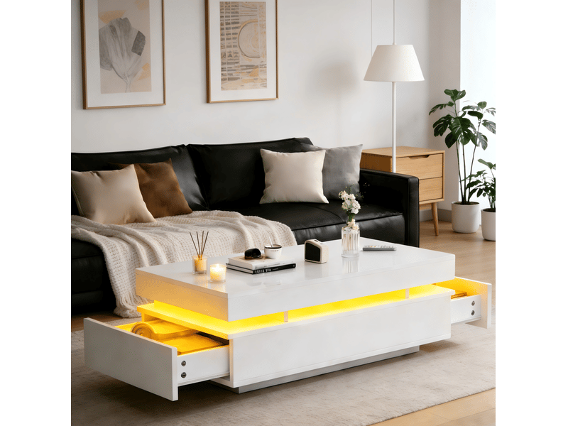  Table basse avec 2 tiroirs et led pour salon en bois d'ingénierie blanc laqué brillant moderne 100 × 50 × 35 cm  - Conforama B