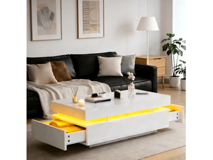 Table basse avec 2 tiroirs et led pour salon en bois d'ingénierie blanc laqué brillant moderne 100 × 50 × 35 cm