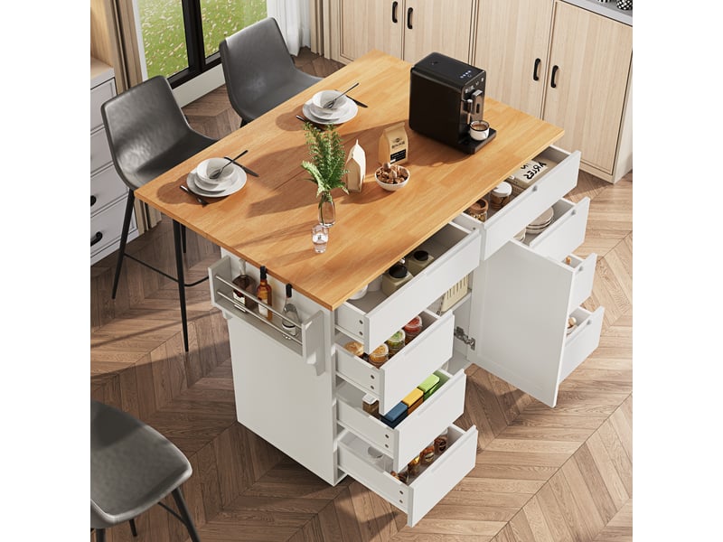 Îlot de cuisine 122x46(74,5)x91,5 cm avec 8 tiroirs et plateau pliable, bois et blanc - Conforama B