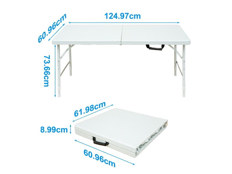 Table pliante d'extérieur ulevr réglable en hauteur de 58 à 73,66 cm, 124,97 x 60,96 cm, plateau en plastique, pieds en acier, blanche - Conforama B