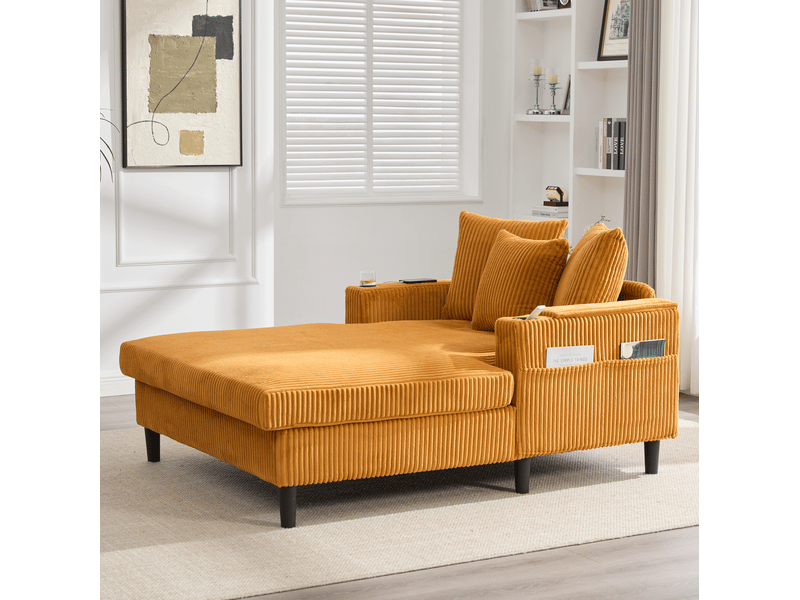  Chaise longue fixe 1 place en velours côtelé jaune moutarde avec led, usb et rangements intégrés pour le salon  - Conforama E