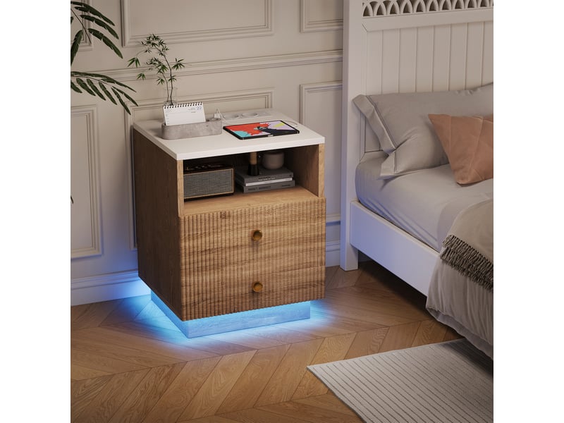  Lot de 2 tables de chevet style bois naturel, table d’appoint avec éclairage led multicolore, station de charge 2 prises secteur + usb‑cusb, 2 tiroirs + compartiment ouvert  - Conforama C