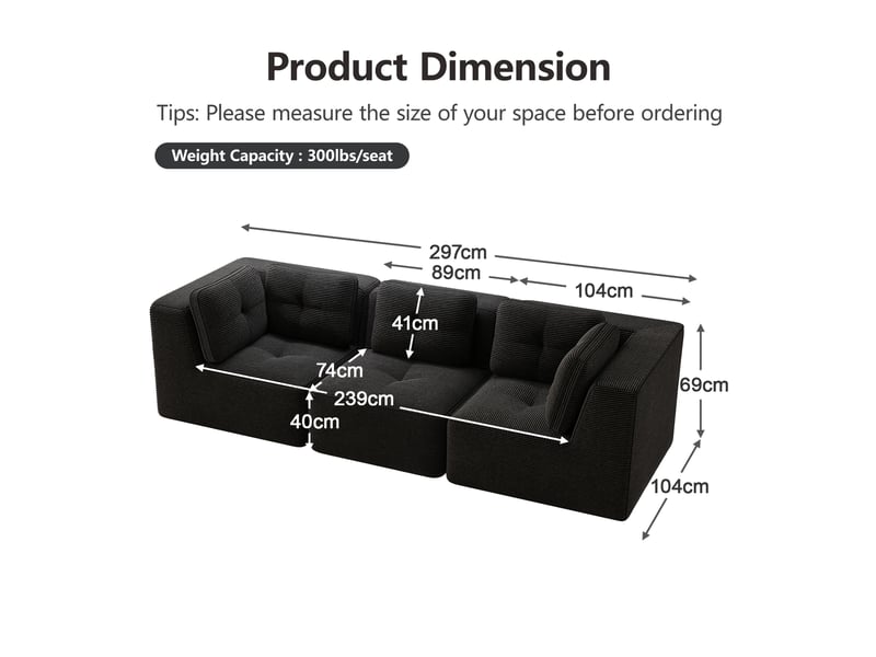 Canapé d'angle modulaire sans cadre avec assise profonde, dossier enveloppant et tissu côtelé noir - Conforama E