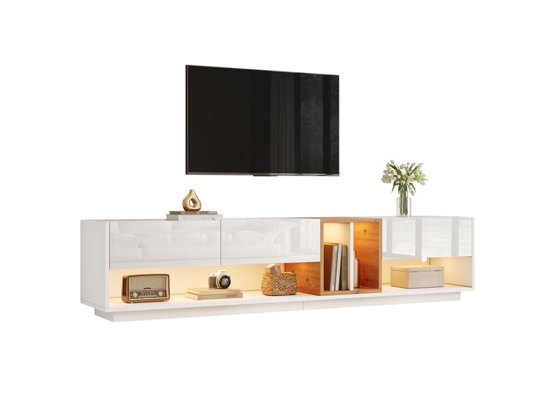  Meuble tv 190 cm avec led pilotée par appli, 3 portes, niches ouvertes, passe-câbles, façade blanc brillant, effet bois, grand rangement salon  - Conforama A