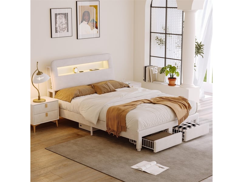  Lit 160x200cm - lit double 160x200cm - lit avec tête de lit velours, 2 tiroirs, led et usb type-c - blanc cassé  - Conforama B