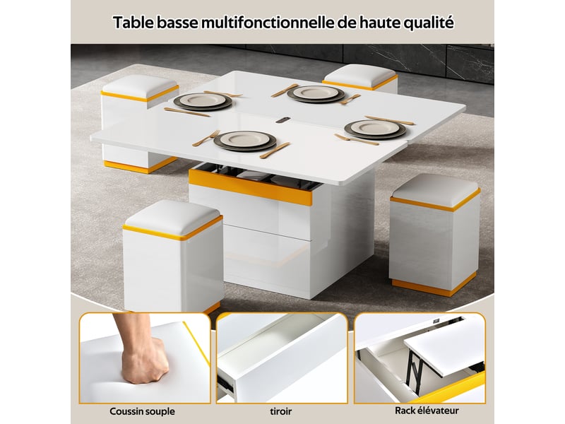  Table basse relevable et extensible avec 4 poufs, table basse moderne brillante, 100x50x43cm  - Conforama W