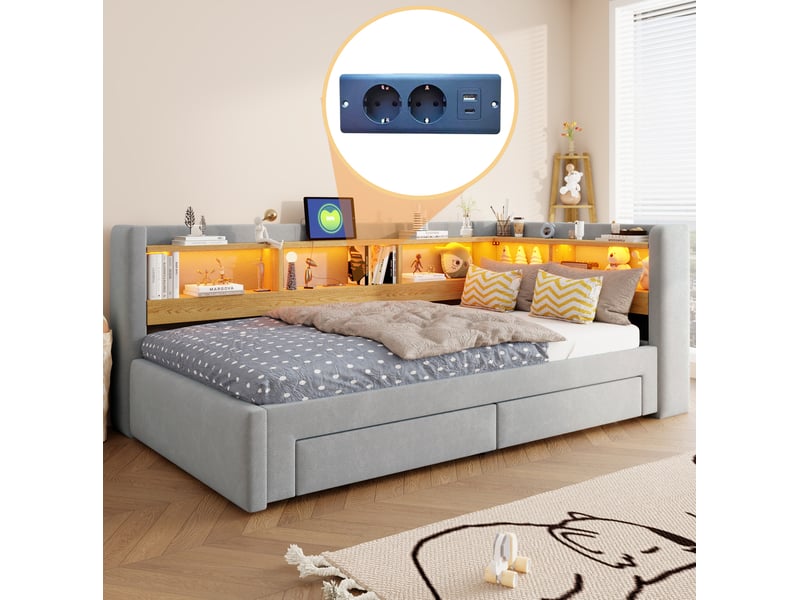 Lit gigogne extensible fermé 90x200 ouvert 180x200 cm, tiroirs rangement, led prise, velours gris sans matelas - Conforama D