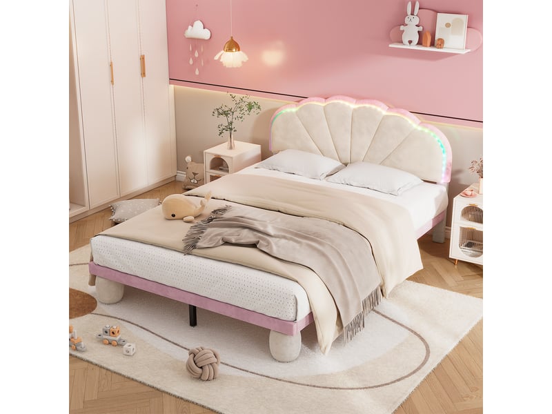  Lit rembourré 140 x 200 cm en velours beige et rose avec led Fay Lum - Conforama B