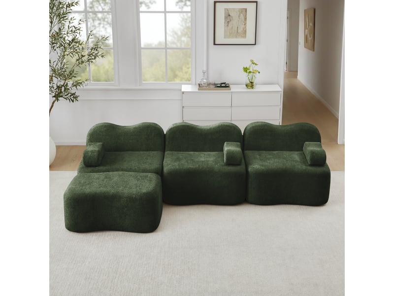  Canapé d'angle modulaire 3 places avec pouf et assise profonde en velours vert  - Conforama B
