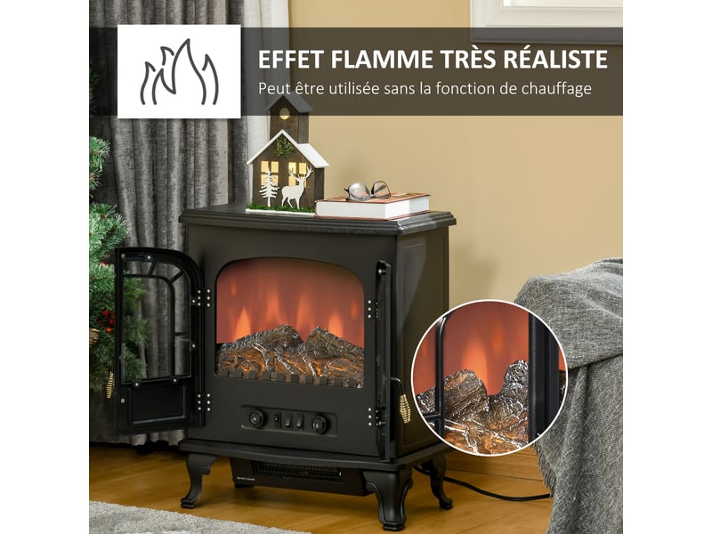 Cheminée électrique poêle style néo-rétro 2 portes verre trempé 10002000 w led luminosité réglable acier abs noir  - Conforama D