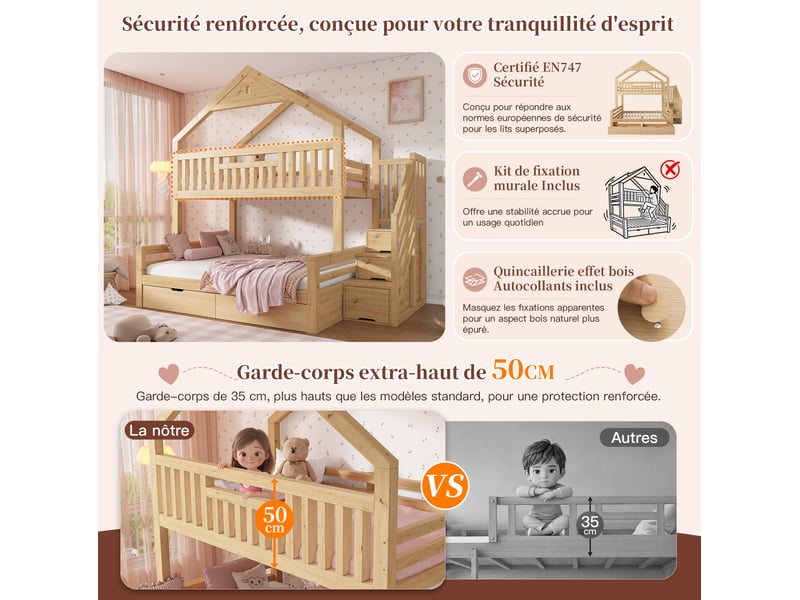  Lit superposé enfant 90 × 200 cm et 140 × 200 cm, 3 places, escalier, 2 tiroirs, sans matelas, chêne  - Conforama E