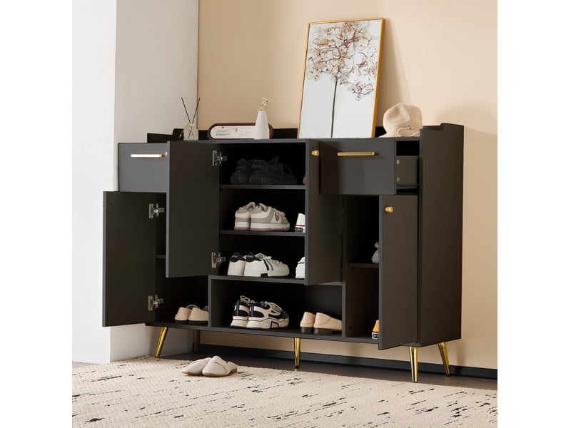  Meuble à chaussures tcqpz 130 x 37 x 100 cm avec 2 tiroirs, 4 portes et niche ouverte, poignées en métal, panneau de particules, noir  - Conforama B