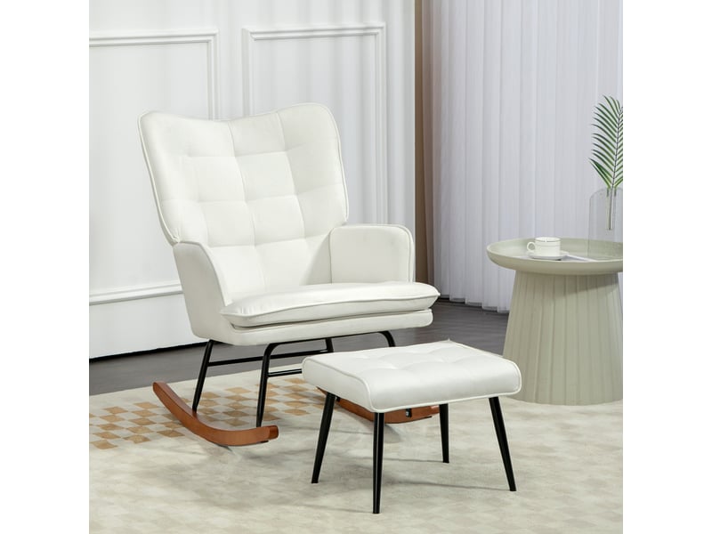  Fauteuil à bascule avec repose-pieds, mécanisme de bascule doux, imitation lin, 64 x 89 x 90 cm, blanc crème  - Conforama D