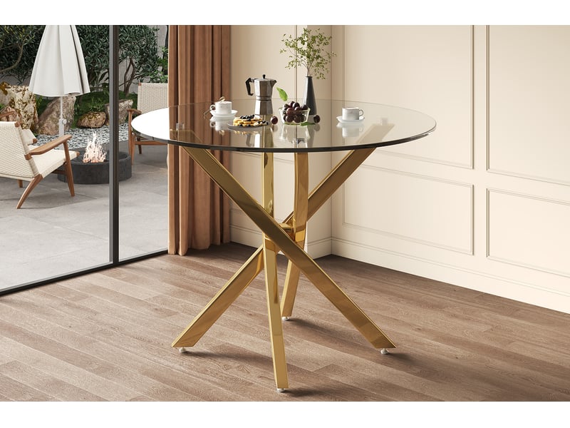  Table ronde 80x80x75 cm, design moderne, structure en métal doré et verre, polyvalente table basse ou d'appoint  - Conforama D