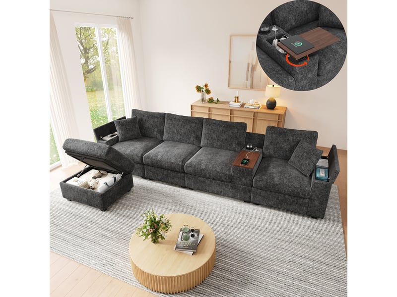 Canapé d'angle modulable gris 5 places avec pouf - tissu chenille, ports usbtype-c, table pivotante  - Conforama B