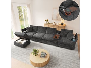 Canapé d'angle réversible convertible <strong>KORFEE</strong> <strong></strong> 5 places Tissu gris avec coffre de rangement