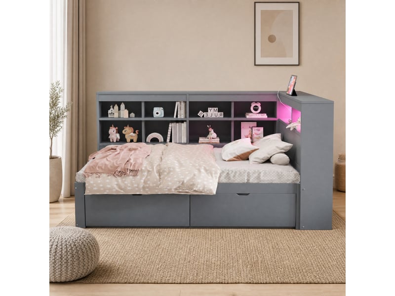  Lit simple 90x200 cm avec rangements, prise usb et led en bois gris  - Conforama C